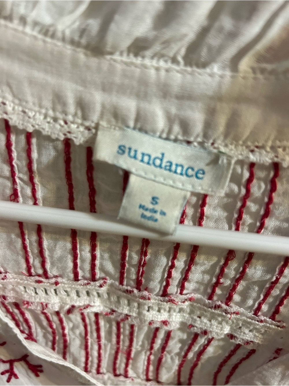 Sundance White Cotton Button-Front Shirt with Red Embroidered Motifs - Picture 3 of 4